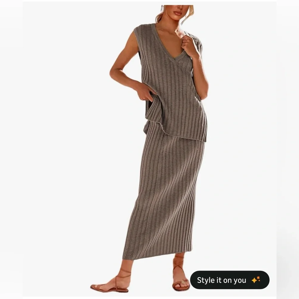 NWT Beige Long Sleeve Ribbed Knit SKIRT Set-S - Picture 6 of 12